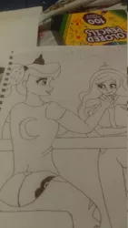 Size: 348x618 | Tagged: suggestive, artist:ryanpowderrock20's friend, derpibooru import, princess celestia, princess luna, human, equestria girls, bottomless, breasts, butt crack, buttcrack, clothes, humanized, no panties, pants, pants down, partial nudity, public exposure, traditional art, wardrobe malfunction