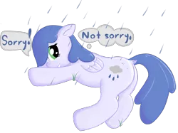 Size: 4096x3056 | Tagged: safe, alternate version, artist:poniidesu, derpibooru import, oc, oc:raincloud drops, unofficial characters only, pegasus, pony, cute, dock, female, mare, ocbetes, rain, side, simple background, solo, sorry not sorry, text, transparent background