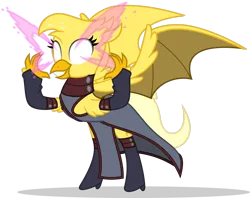 Size: 1280x1016 | Tagged: safe, artist:mlp-trailgrazer, derpibooru import, oc, oc:gilded dash, unofficial characters only, dragon, dragriff, gryphon, hybrid, clothes, cosplay, costume, female, psylocke, simple background, solo, transparent background