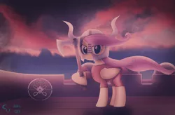 Size: 3287x2160 | Tagged: artist:cosmikvek, axe, badass, battle axe, clothes, derpibooru import, flutterbadass, fluttershy, helmet, hoof hold, longship, pegasus, redraw, safe, shield, solo, viking, war axe, weapon, wind