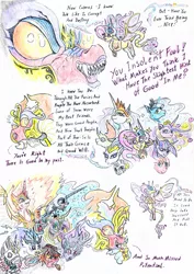 Size: 2461x3475 | Tagged: safe, artist:grimmyweirdy, derpibooru import, big macintosh, cosmos (character), daybreaker, fluttershy, nightmare moon, princess cadance, princess celestia, princess luna, queen chrysalis, queen novo, thorax, twilight sparkle, zecora, changedling, changeling, draconequus, comic:cosmic cosmos, equestria girls, my little pony: the movie, bone, cigar, cosmageddon, draconequified, evil twilight, evil version, fetish, flutterequus, fusion, king thorax, midnight sparkle, skull, species swap, story included, traditional art, xk-class end-of-the-world scenario
