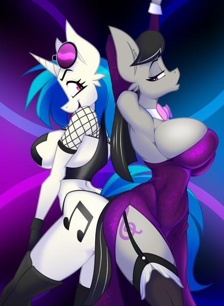 Size: 822x1122 | Tagged: suggestive, artist:lil miss jay, derpibooru import, octavia melody, vinyl scratch, anthro, earth pony, unicorn, full service playing cards, armpits, back to back, big breasts, boots, breasts, busty octavia, busty vinyl scratch, butt bump, clothes, curvy, cutie mark, dress, female, females only, fishnets, garters, glasses, huge breasts, leather, lesbian, looking at each other, nipple tape, panties, pasties, purple dress, rave, scratchtavia, shipping, shoes, side slit, sideboob, socks, stockings, strapless dress, thigh boots, thigh highs, thong, underboob, underwear