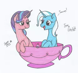 Size: 2156x2026 | Tagged: safe, artist:serenepony, deleted from derpibooru, derpibooru import, starlight glimmer, teacup poodle, trixie, pony, unicorn, cup, cute, female, looking at each other, mare, simple background, smiling, teacup, that pony sure does love teacups, traditional art