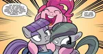 Size: 614x322 | Tagged: safe, artist:kate sherron, derpibooru import, idw, marble pie, maud pie, pinkie pie, earth pony, pony, spoiler:comic, spoiler:comic86, cropped, dialogue, exclamation point, female, floppy ears, gritted teeth, happy, mare, open mouth, pie sisters, question mark, siblings, sisters, speech bubble, teeth, trio