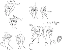 Size: 1852x1501 | Tagged: safe, artist:luciferamon, derpibooru import, oc, oc:iuth, oc:kate, unofficial characters only, pony, unicorn, ..., backwards ballcap, baseball cap, black and white, cap, comic, dialogue, embarrassed, eyes closed, grayscale, hat, high five, lineart, monochrome, open mouth, simple background, sitting, smiling, underhoof, white background