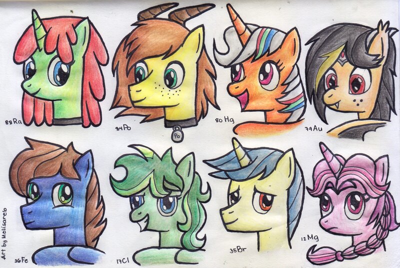 Size: 2375x1595 | Tagged: safe, artist:melisareb, derpibooru import, oc, oc:aurum, oc:bromine, oc:chlorine, oc:ferrum, oc:magnesium, oc:mercury sparkle, oc:polonium, oc:radiante radium, ponified, unofficial characters only, alicorn, dracony, dragon, earth pony, hybrid, object pony, original species, pegasus, pony, unicorn, aurum, braid, bromine, bust, chlorine, collar, cute, element pony, fangs, ferrum, freckles, gold, horns, iron, lidded eyes, magnesium, mercury (element), ocbetes, periodic table, polonium, radioactive, radium, smiling, wings