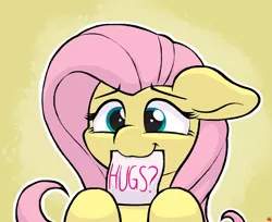 Size: 2041x1665 | Tagged: safe, artist:ljdamz1119, derpibooru import, fluttershy, pegasus, pony, abstract background, bronybait, cute, female, floppy ears, hug request, mare, mouth hold, note, redraw, shyabetes, solo