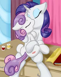 Size: 1190x1500 | Tagged: safe, alternate version, artist:fearingfun, derpibooru import, edit, rarity, sweetie belle, pony, unicorn, age difference, belle sisters, butt, explicit source, eyes closed, female, filly, floppy ears, foalcon, incest, kiss mark, kissing, lesbian, lipstick, mare, mare on filly, raribelle, raricest, shipping, siblings, sisters, sitting, spool, sweetie butt