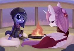 Size: 2252x1566 | Tagged: safe, artist:dusthiel, derpibooru import, oc, oc:astrum, oc:krinita, pony, ambient.prologue, ambient.white, clothes, dress, fire, not celestia, not luna, prone