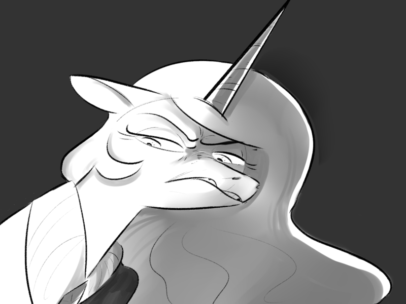 Size: 1600x1200 | Tagged: safe, artist:imsokyo, derpibooru import, princess celestia, alicorn, pony, /mlp/, 4chan, black background, bust, disgusted, drawthread, monochrome, pathetic, simple background, solo