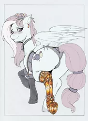 Size: 2462x3379 | Tagged: suggestive, artist:longinius, color edit, derpibooru import, edit, editor:exhumed legume, kerfuffle, pegasus, pony, rainbow roadtrip, amputee, blushing, butt, choker, clothes, colored, corset, desaturated, dock, ear piercing, earring, female, frilly underwear, heart eyes, jewelry, lingerie, lip bite, looking at you, looking back, looking back at you, mare, panties, piercing, plot, prosthetic leg, prosthetic limb, prosthetics, rear view, ribbon, simple background, socks, solo, solo female, stockings, thigh highs, underwear, white background, wingding eyes