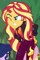 Size: 584x870 | Tagged: safe, derpibooru import, screencap, applejack, fluttershy, sci-twi, sunset shimmer, twilight sparkle, equestria girls, equestria girls series, sunset's backstage pass!, spoiler:eqg series (season 2), cropped, music festival outfit