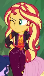 Size: 534x922 | Tagged: safe, derpibooru import, screencap, fluttershy, sci-twi, sunset shimmer, twilight sparkle, equestria girls, equestria girls series, sunset's backstage pass!, spoiler:eqg series (season 2), cropped, music festival outfit