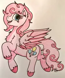 Size: 996x1200 | Tagged: safe, artist:shinycyan, derpibooru import, pinkie pie, pegasus, pony, leak, spoiler:g5, g5, pegasus pinkie pie, pinkie pie (g5), race swap, redesign, traditional art, wings