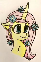 Size: 806x1200 | Tagged: safe, artist:shinycyan, derpibooru import, fluttershy, pony, unicorn, leak, spoiler:g5, bust, flower, flower in hair, fluttershy (g5), g5, redesign, traditional art, unicorn fluttershy