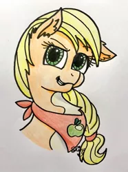 Size: 894x1200 | Tagged: safe, artist:shinycyan, derpibooru import, applejack, earth pony, pony, leak, spoiler:g5, applejack (g5), bust, clothes, g5, redesign, scarf, traditional art