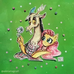 Size: 3120x3120 | Tagged: safe, artist:valeriamagicart, derpibooru import, discord, fluttershy, draconequus, pegasus, pony, blushing, bust, clothes, discoshy, female, flower, holding, looking at each other, male, mare, outline, scarf, shadowbox, shipping, smiling, sparkles, straight, three quarter view, traditional art, white outline