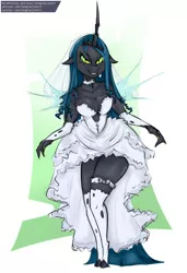 Size: 700x1024 | Tagged: suggestive, artist:longtailshort, derpibooru import, queen chrysalis, anthro, changeling, changeling queen, breasts, bridal lingerie, busty queen chrysalis, cleavage, clothes, crown, dress, female, jewelry, lingerie, regalia, reversalis, solo, solo female, wedding dress, wedding veil