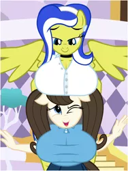 Size: 600x800 | Tagged: suggestive, artist:flash equestria photography, derpibooru import, oc, oc:dizzy strings, oc:lemon frost, unofficial characters only, anthro, earth pony, pegasus, big breasts, boobhat, breasts, button-up shirt, choker, ear piercing, female, height difference, huge breasts, milf, open mouth, patreon, patreon reward, piercing, pigtails, polo shirt, show accurate anthro, wings