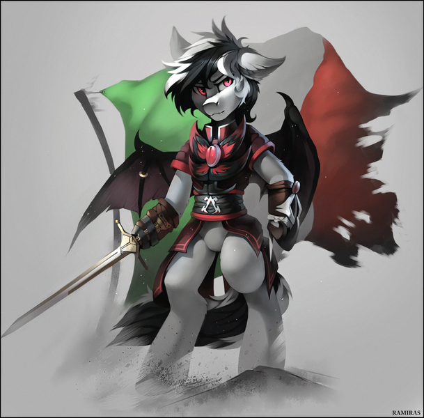 Size: 2149x2118 | Tagged: source needed, safe, artist:ramiras, derpibooru import, oc, oc:stormdancer, unofficial characters only, bat pony, vampire, vampony, armor, assassin, assassin's creed, badass, bat pony oc, bat wings, bipedal, hidden blade, italian, italian flag, looking at you, night guard, night guard armor, red eyes, sword, sword of eden, weapon, wing ring, wings