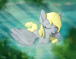 Size: 2250x1750 | Tagged: safe, artist:litrojia, derpibooru import, derpy hooves, pegasus, pony, crepuscular rays, eyes closed, female, floating, mare, pond, relaxing, scenery, smiling, solo, spread wings, water, wet, wet mane, wings