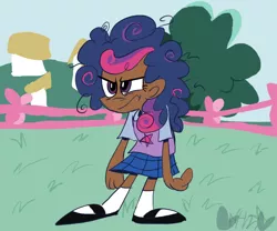 Size: 800x667 | Tagged: alternate hairstyle, annoyed, artist:mirabuncupcakes15, clothes, cute, dark skin, derpibooru import, female, fence, friendship is magic, grass, human, humanized, mary janes, messy hair, plaid skirt, safe, scene interpretation, shirt, shoes, skirt, socks, solo, tree, t-shirt, twilight is not amused, twilight sparkle, unamused, vest