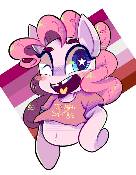 Size: 1377x1770 | Tagged: safe, artist:peachesandcreamated, banned from derpibooru, deleted from derpibooru, derpibooru import, pinkie pie, earth pony, pony, semi-anthro, blush sticker, blushing, chibi, clothes, cute, female, heterophobia, image, lesbian pride flag, mare, one eye closed, open mouth, png, pride, pride flag, shirt, simple background, smiling, solo, starry eyes, white background, wingding eyes, wink