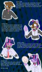 Size: 750x1280 | Tagged: safe, artist:drakky, derpibooru import, twilight sparkle, oc, otter, unicorn, abstract background, clothes, collar, erlenmeyer flask, eye clipping through hair, female, furry, furry oc, goggles, lab coat, male, mind control, name tag, non-mlp oc, scared, smiling, species swap, swirly eyes, transformation, transgender transformation