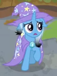 Size: 416x550 | Tagged: safe, derpibooru import, screencap, trixie, pony, unicorn, a horse shoe-in, about to cry, cape, clothes, cropped, cute, diatrixes, female, floppy ears, frown, hat, heartbreak, mare, messy mane, open mouth, poor trixie, raised hoof, trixie's cape, trixie's hat, upset
