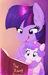 Size: 1280x1978 | Tagged: safe, artist:littleblackraencloud, derpibooru import, princess flurry heart, twilight sparkle, twilight sparkle (alicorn), alicorn, pony, aunt and niece, auntie twilight, baby, baby pony, best aunt ever, book, chest fluff, cute, duo, ear fluff, female, flurrybetes, gradient background, magic, mare, open mouth, reading, telekinesis, twiabetes, twilight is bae