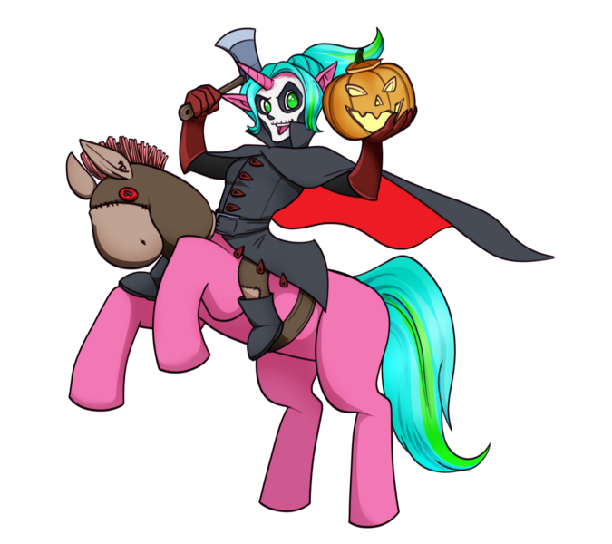 Size: 2700x2400 | Tagged: safe, artist:riddleaellinea, derpibooru import, oc, oc:jello, unofficial characters only, earth pony, imp, pony, axe, cape, clothes, costume, duo, earth pony oc, gloves, head swap, horn, pumpkin, rearing, riding, simple background, transparent background, weapon