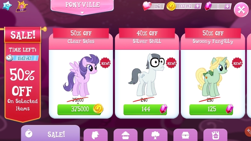 Size: 1280x720 | Tagged: safe, derpibooru import, clear skies, dear darling, silver shill, earth pony, pegasus, pony, unicorn, error, gameloft, gem