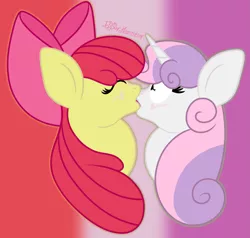 Size: 1461x1389 | Tagged: safe, artist:puperhamster, derpibooru import, apple bloom, sweetie belle, earth pony, pony, unicorn, blushing, bust, female, kissing, lesbian, shipping, sweetiebloom