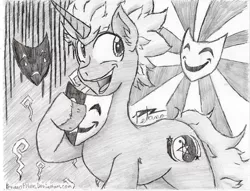 Size: 960x733 | Tagged: safe, artist:petanoprime, derpibooru import, sunburst, oc, oc:radiant dawn, pony, unicorn, frown, grayscale, hoof hold, male, mask, monochrome, open mouth, signature, smiling, stallion, traditional art, unshorn fetlocks