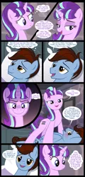 Size: 1063x2219 | Tagged: suggestive, artist:culu-bluebeaver, derpibooru import, starlight glimmer, oc, oc:bluehooves, earth pony, pony, unicorn, comic:the newcomer, the cutie map, bed, bedroom, bedroom eyes, blushing, canon x oc, comic, dialogue, equal cutie mark, female, glimmooves, looking at each other, male, mare, messy mane, pillow, s5 starlight, smiling, stallion