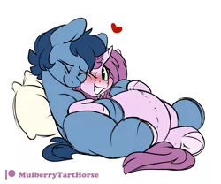 Size: 2400x2000 | Tagged: safe, artist:mulberrytarthorse, derpibooru import, oc, oc:huckleberry bleu, oc:mulberry tart, unofficial characters only, earth pony, pony, unicorn, belly, bleuberry, blushing, couple, cuddling, female, male, mare, oc x oc, pregnant, shipping, stallion, straight