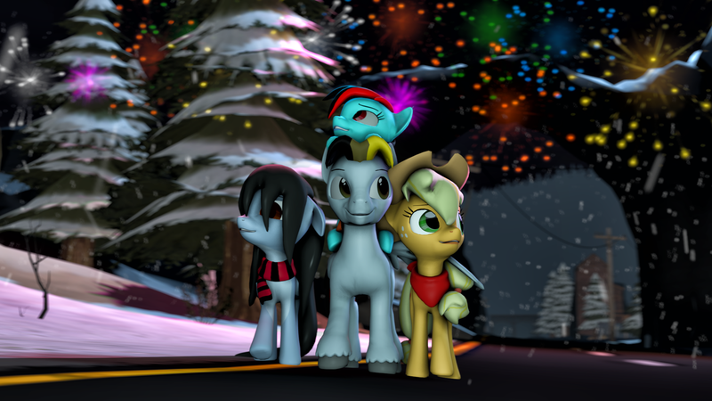 Size: 1920x1080 | Tagged: safe, artist:di-ji-hooves, derpibooru import, applejack, oc, oc:daytona, oc:hiloumuns, earth pony, pegasus, pony, 3d, brony, daughter, family, female, fireworks, male, sister, snow, source filmmaker, wife