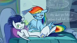 Size: 2780x1553 | Tagged: safe, artist:moliere, derpibooru import, rainbow dash, soarin', pegasus, pony, autograph, banner, bed, caught, cloud, dialogue, female, flag, imminent belly rub, lamp, male, mare, offscreen character, on back, on bed, rainbow dash's house, shipping, soarindash, stallion, straight, wide eyes