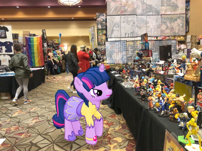 Size: 4032x3024 | Tagged: safe, derpibooru import, photographer:undeadponysoldier, twilight sparkle, twilight sparkle (alicorn), alicorn, human, pony, angry, augmented reality, clothes, cosplay, costume, dealer room, female, gameloft, gay pride flag, ichibancon, irl, irl human, mare, minifigs, photo, ponies in real life, pride, pride flag