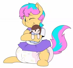 Size: 1200x1129 | Tagged: suggestive, artist:cuddlehooves, derpibooru import, oc, oc:cuddleshy, earth pony, clothes, diaper, diaper fetish, doll, fetish, old version, plushie, poofy diaper, school uniform, toy