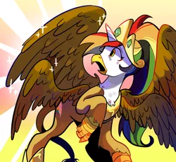Size: 1280x1170 | Tagged: safe, artist:milky-rabbit, derpibooru import, oc, oc:rainbow feather, gryphon, hippogriff, crown, four wings, grifficorn, griffon oc, interspecies offspring, jewelry, magical lesbian spawn, multicolored hair, multiple wings, next generation, offspring, parent:gilda, parent:rainbow dash, parents:gildash, princess, regalia, solo, transformation, wings