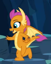 Size: 552x685 | Tagged: cave of harmony, claws, cropped, cute, derpibooru import, dragon, dragoness, fangs, female, horns, looking down, open mouth, safe, screencap, side view, smiling, smolder, smolderbetes, solo, spread wings, standing, standing on one leg, teenaged dragon, teenager, uprooted, wings