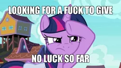 Size: 640x360 | Tagged: safe, derpibooru import, edit, edited screencap, screencap, twilight sparkle, twilight sparkle (alicorn), alicorn, pony, the point of no return, bag, caption, image macro, look at all the fucks i give, meme, no fucks, saddle bag, solo, text, vulgar, zero fucks given