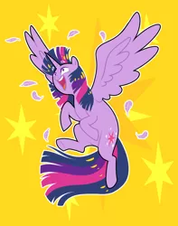 Size: 1500x1900 | Tagged: safe, artist:petalierre, derpibooru import, twilight sparkle, twilight sparkle (alicorn), alicorn, pony, cute, cutie mark, cutie mark background, feather, female, floating eyebrows, mare, open mouth, simple background, solo, spread wings, twiabetes, wings, yellow background