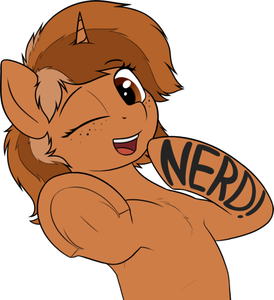 Size: 1835x2012 | Tagged: safe, artist:zippysqrl, derpibooru import, oc, oc:sign, unofficial characters only, pony, semi-anthro, unicorn, armpits, body writing, bust, chest fluff, female, freckles, looking at you, mare, mute, nerd, one eye closed, open mouth, pointing, pointing at you, simple background, solo, transparent background, underhoof, wink