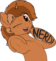 Size: 1835x2012 | Tagged: safe, artist:zippysqrl, derpibooru import, oc, oc:sign, unofficial characters only, pony, semi-anthro, unicorn, armpits, body writing, bust, chest fluff, female, freckles, looking at you, mare, mute, nerd, one eye closed, open mouth, pointing, pointing at you, simple background, solo, transparent background, underhoof, wink