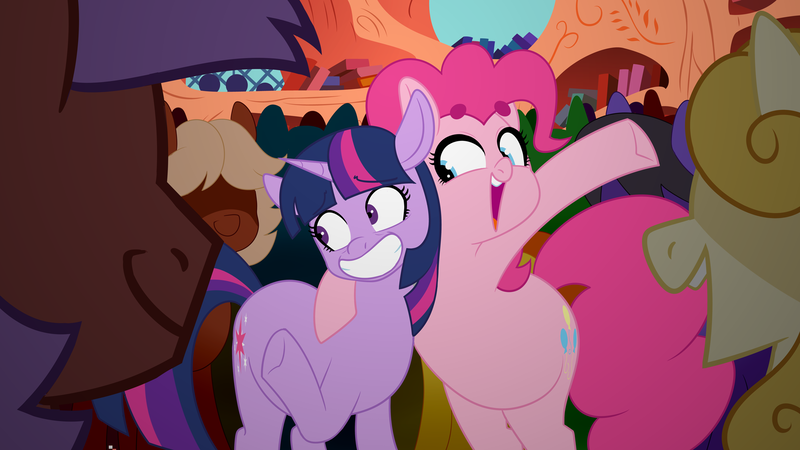 Size: 1777x1000 | Tagged: safe, artist:petalierre, derpibooru import, pinkie pie, twilight sparkle, earth pony, pony, unicorn, friendship is magic, background pony, beanbrows, duo focus, eyebrows, female, golden oaks library, mare, open mouth, party, scene interpretation, smiling, unicorn twilight