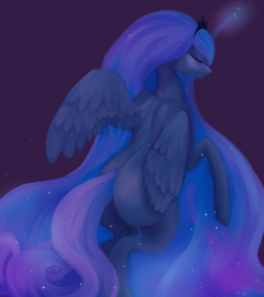 Size: 1200x1350 | Tagged: safe, artist:minckies, derpibooru import, princess luna, alicorn, pony, butt, crown, cute, eyes closed, female, glowing horn, horn, jewelry, lunabetes, mare, missing accessory, missing cutie mark, plot, purple background, rearing, regalia, simple background, solo, speedpaint available, spread wings, wings