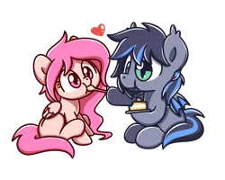 Size: 2560x2048 | Tagged: safe, artist:sugar morning, derpibooru import, oc, oc:midnight aegis, oc:peach hack, unofficial characters only, bat, bat pony, pegasus, pony, cake, chibi, couple, cute, feeding, female, food, heart, male, peagis, simple background, sitting, transparent background, weapons-grade cute, wings