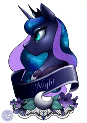 Size: 1024x1449 | Tagged: safe, artist:graphic-ginger, derpibooru import, princess luna, pony, bust, crescent moon, crown, cute, ethereal mane, female, flower, galaxy mane, jewelry, lunabetes, mare, moon, old banner, portrait, regalia, simple background, solo, starry mane, white background